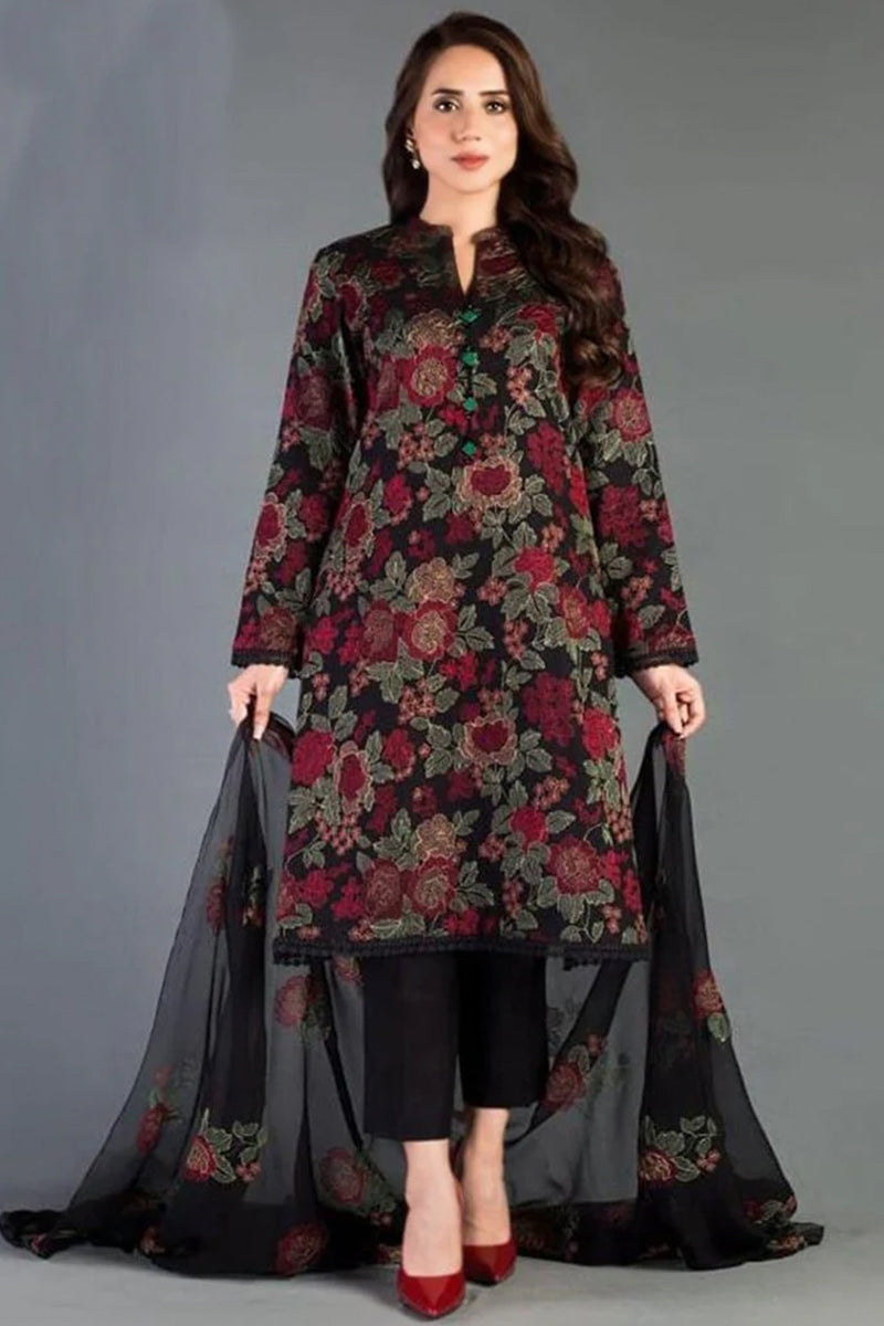 3 Piece Unstitched Embroidered Black Lawn Suit-6