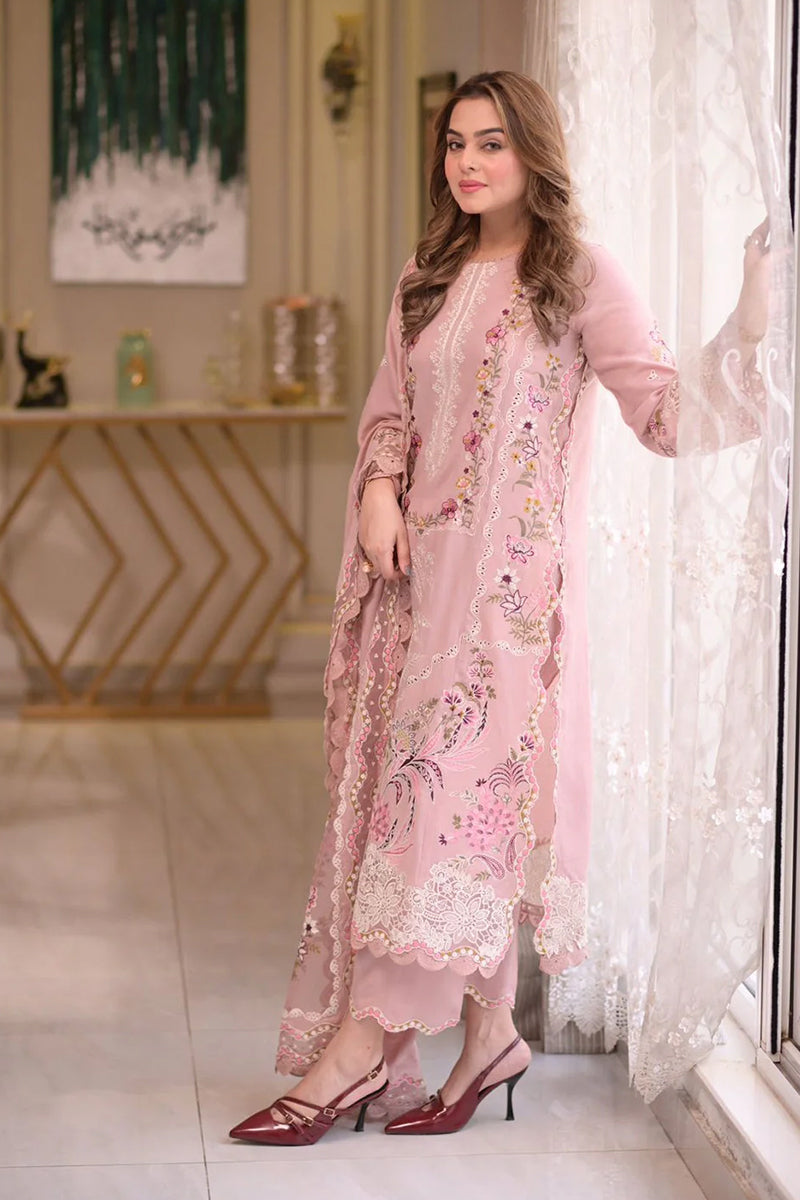 3 Piece Unstitched Embroidered Pink Lawn Suit-7