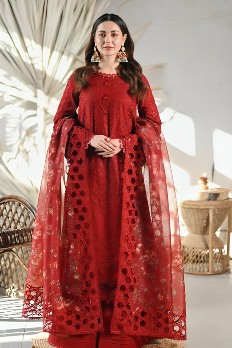 3 Piece Unstitched Embroidered Red Lawn Suit-1