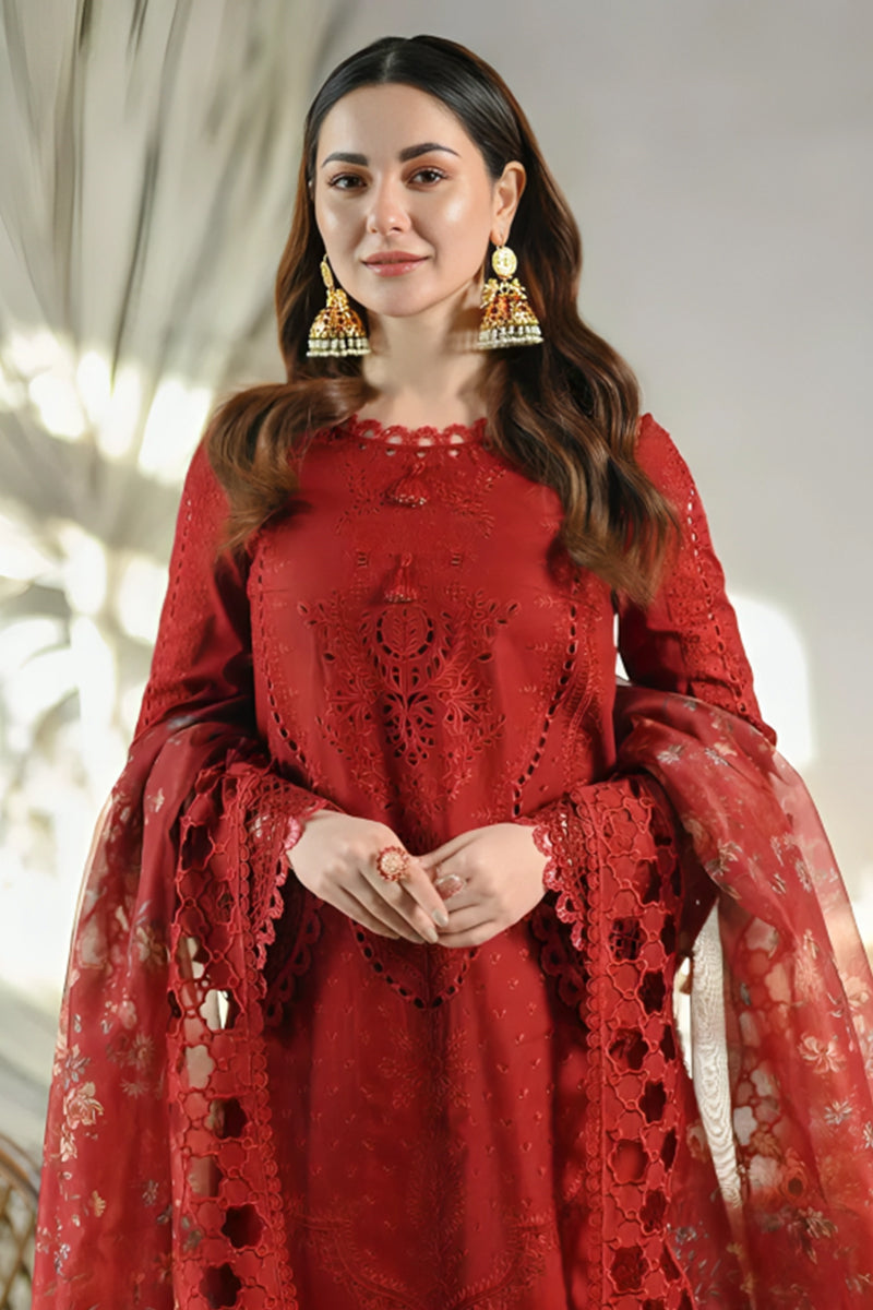 3 Piece Unstitched Embroidered Red Lawn Suit-1