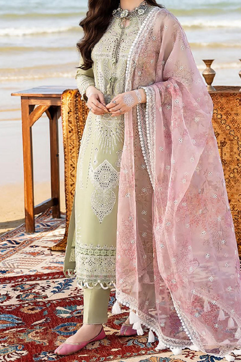 3 Piece Unstitched Embroidered Tea Green Lawn Suit-2