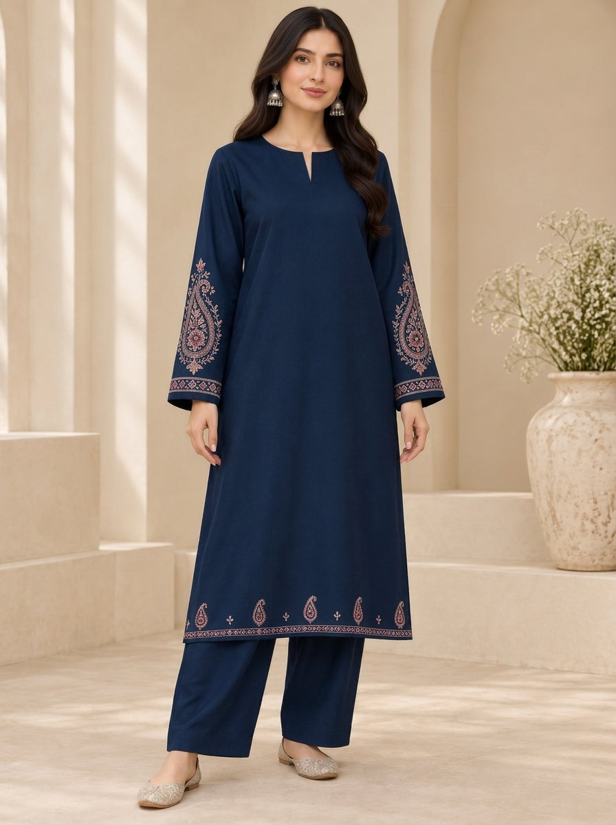 Midnight Paisley 2-Piece Embroidered Navy Dhanak Marina Suit
