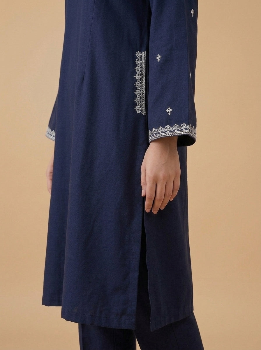 Midnight Bloom – 2 Piece Embroidered Navy Dhanak Marina Suit