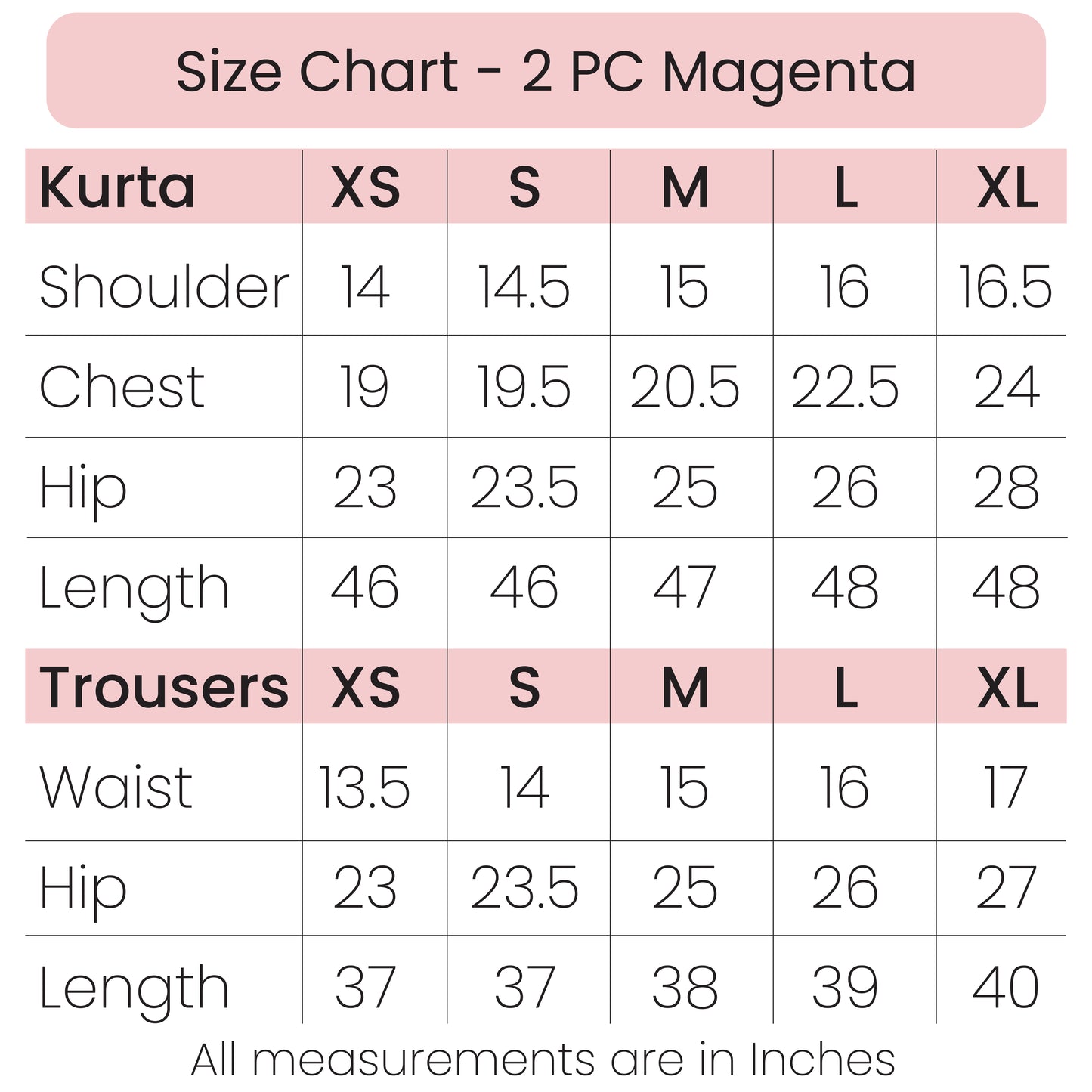 Size Chart - 2 PC Magenta