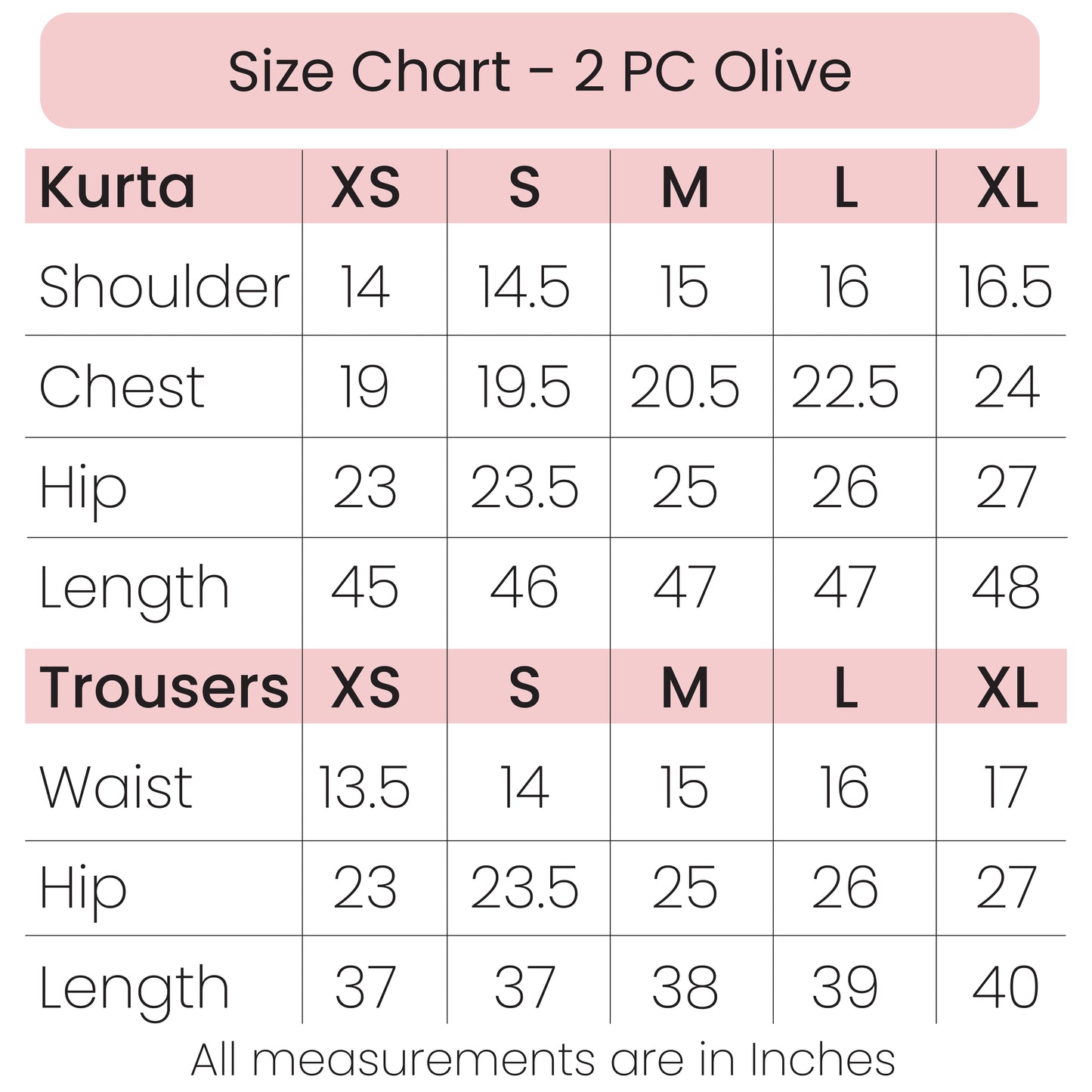 Size Chart - 2 PC Olive