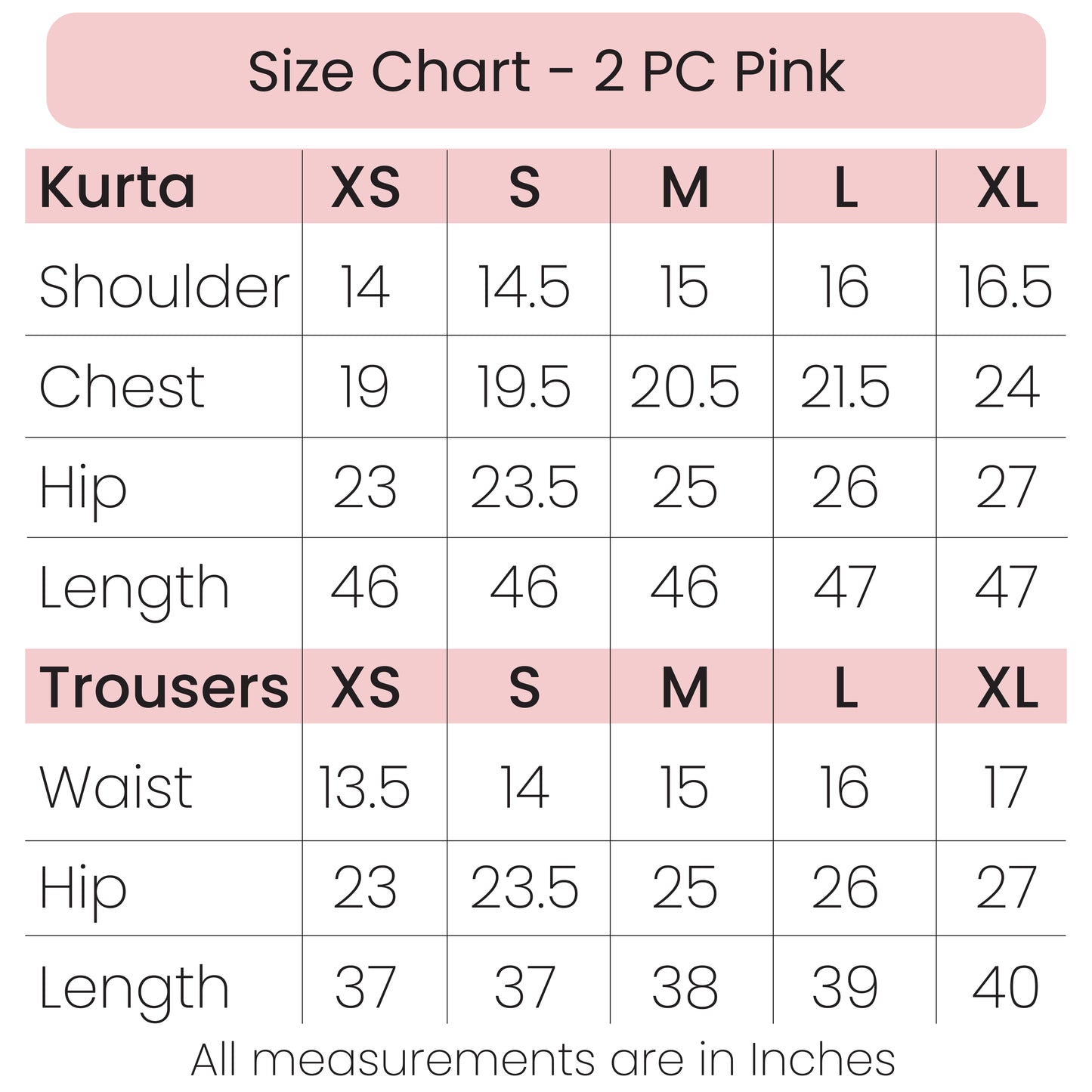 Size Chart - 2 PC Pink