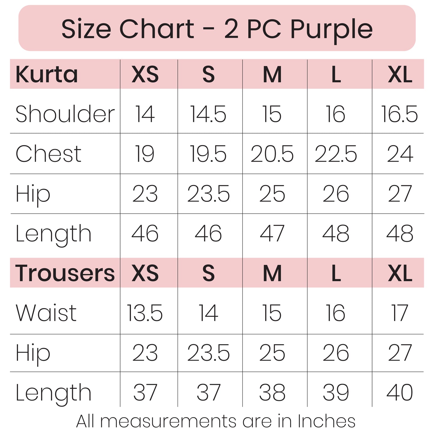 Size Chart - 2 PC Purple