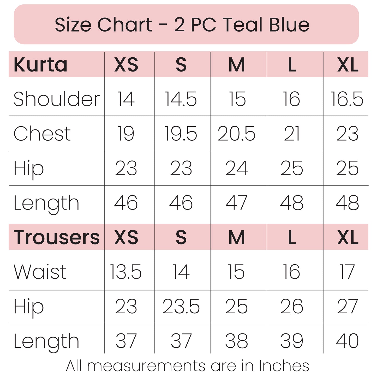 Size Chart - 2 PC Teal Blue