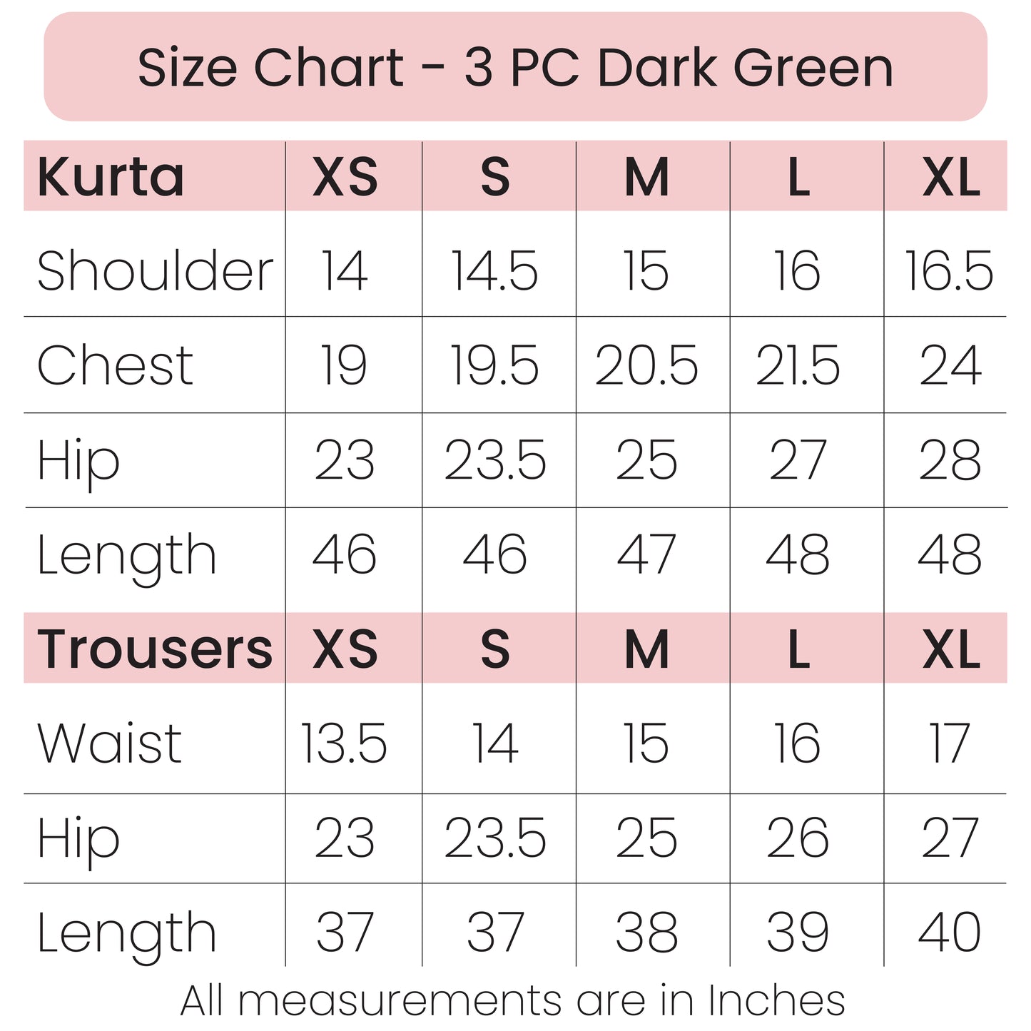 Size Chart - 3 PC Dark Green