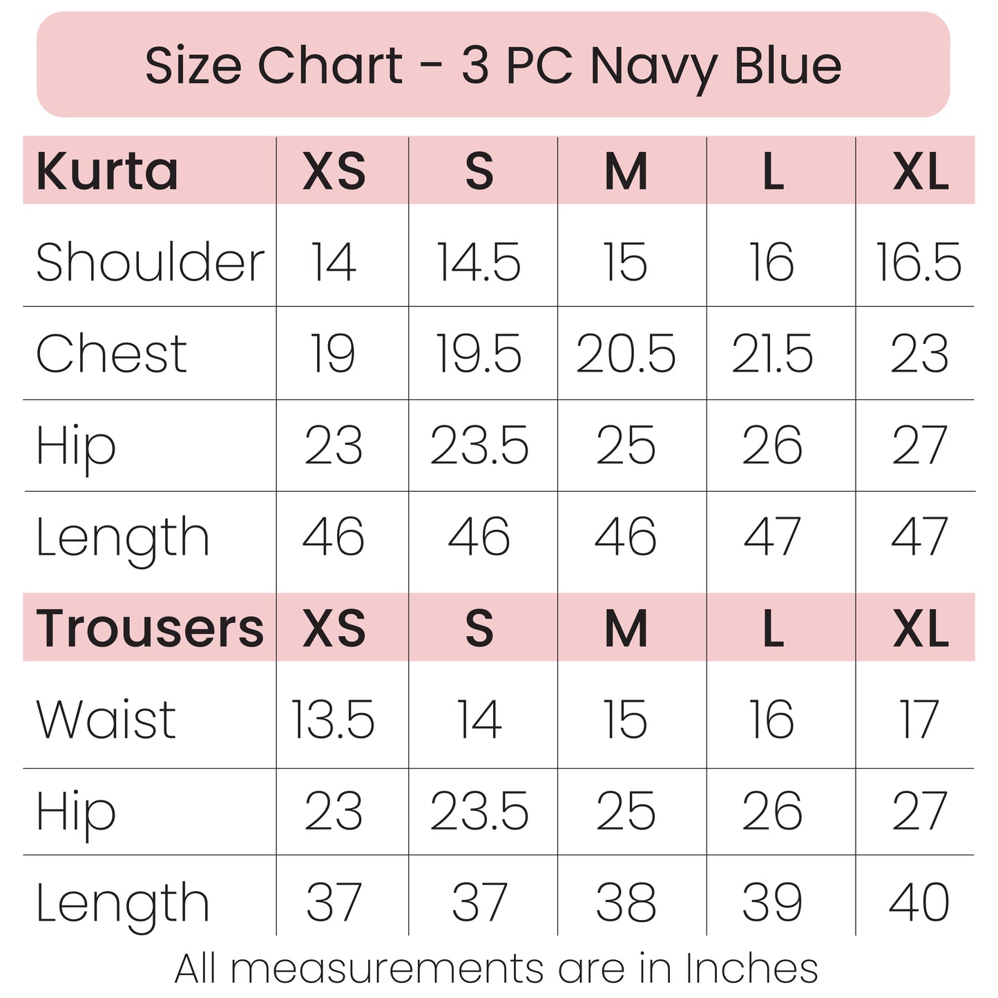 Size Chart - 3 PC Navy Blue