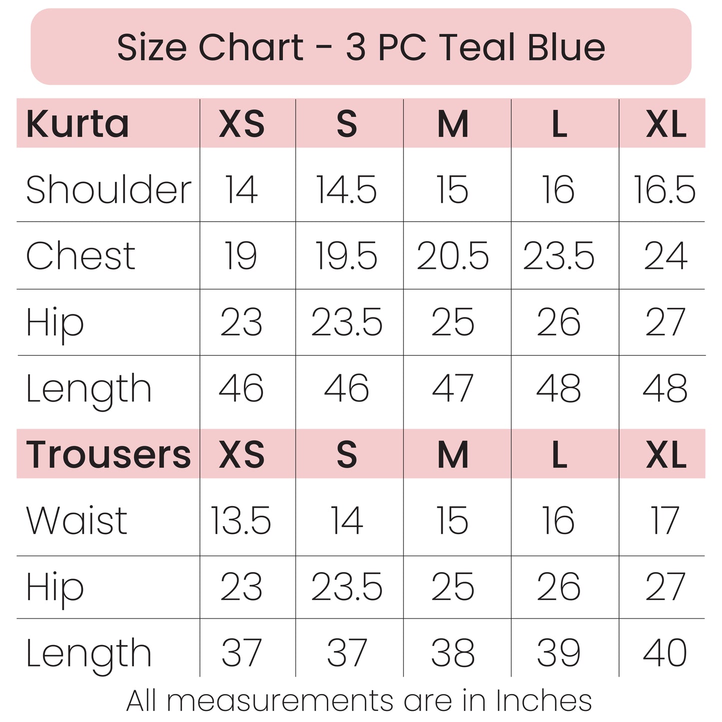Size Chart - 3 PC Teal Blue