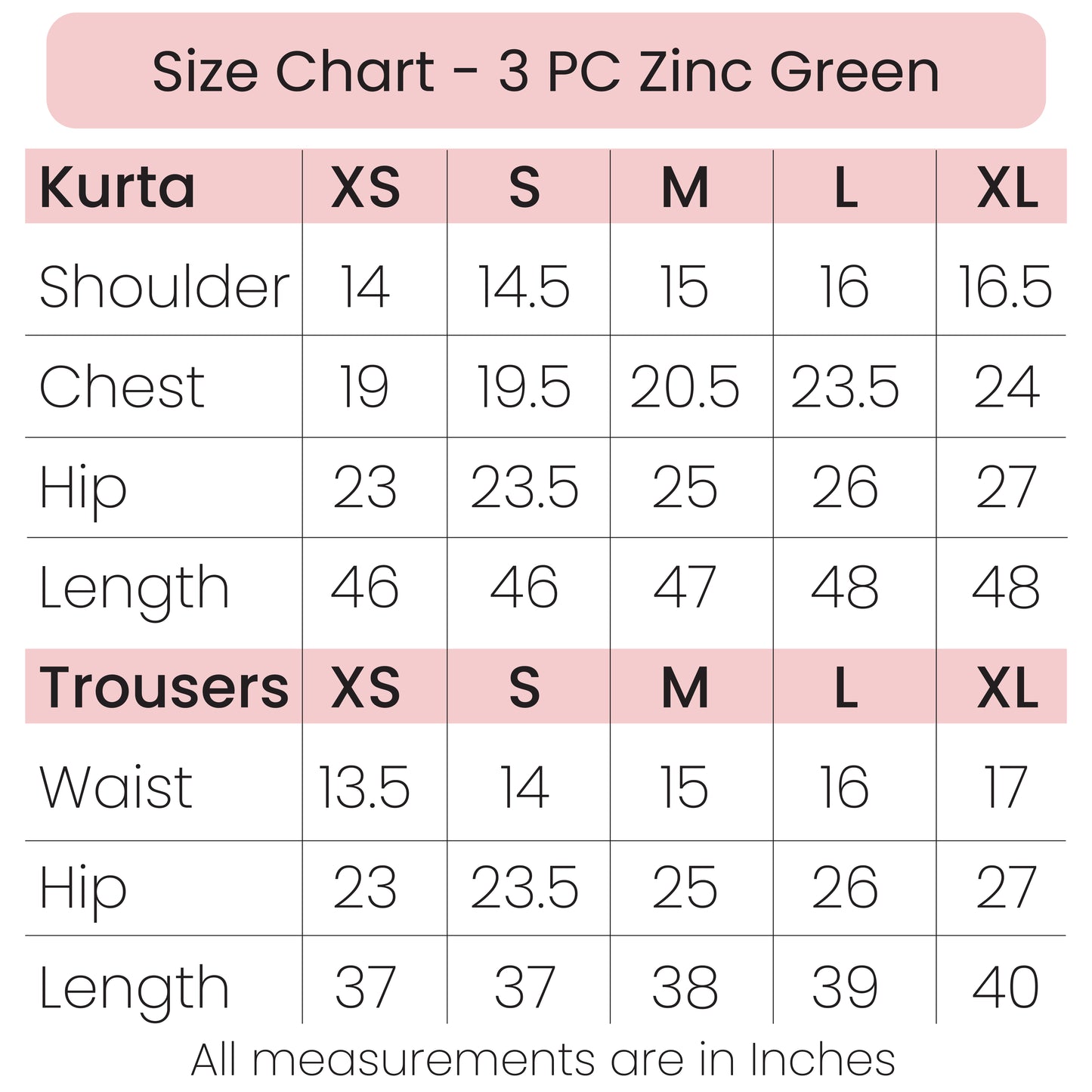 Size Chart - 3 PC Zinc Green