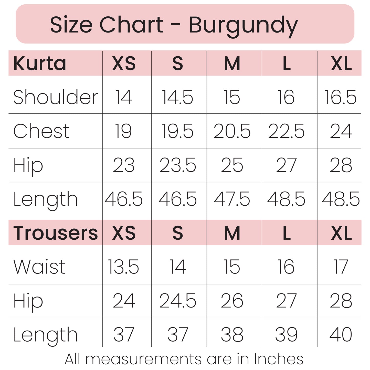 Size Chart - Burgundy