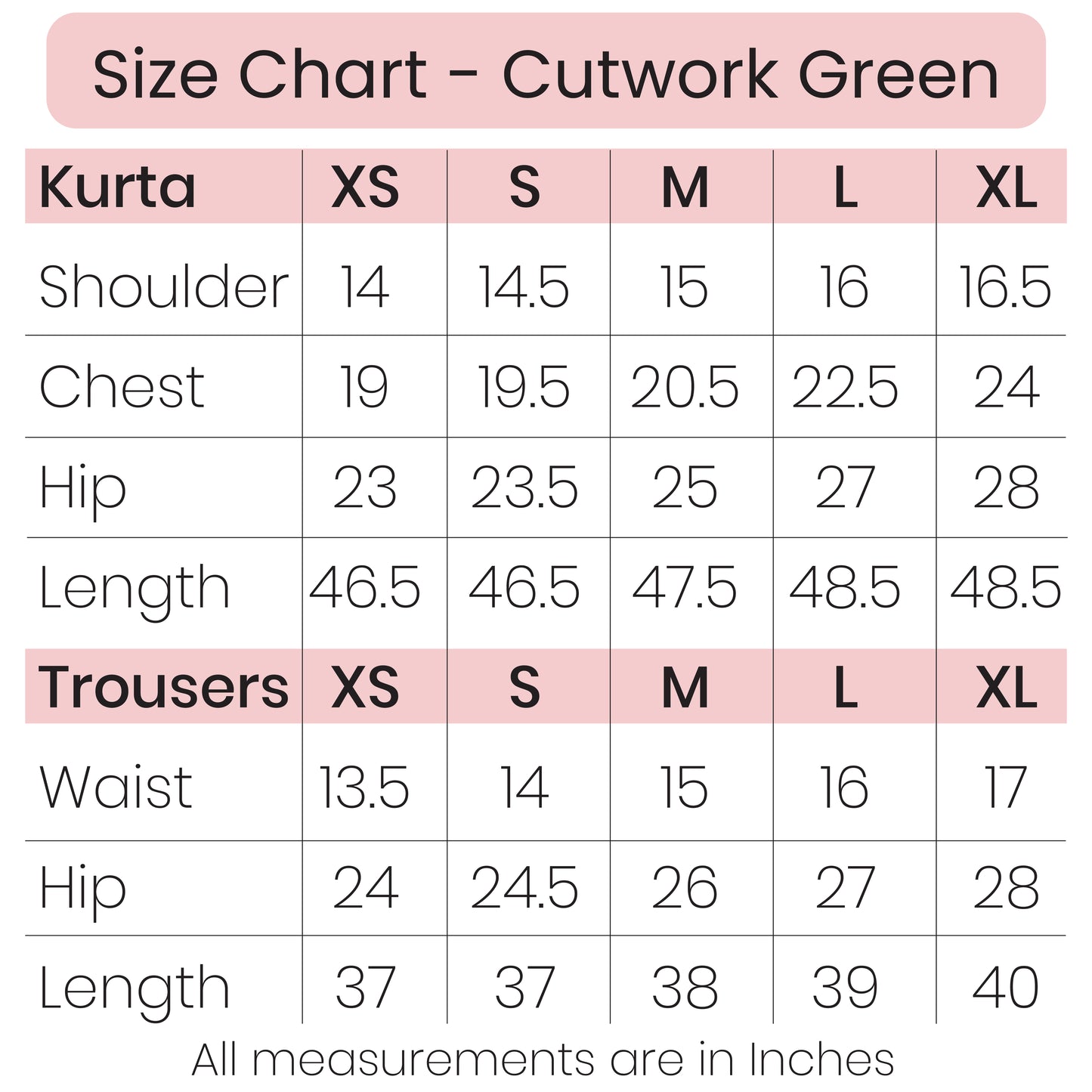 Size Chart - Cutwork Green