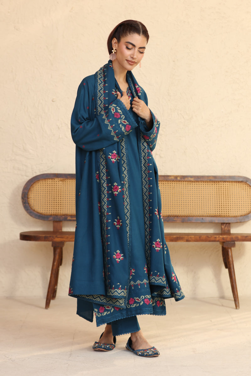 1 Piece - Embroidered Teal Blue Shawl