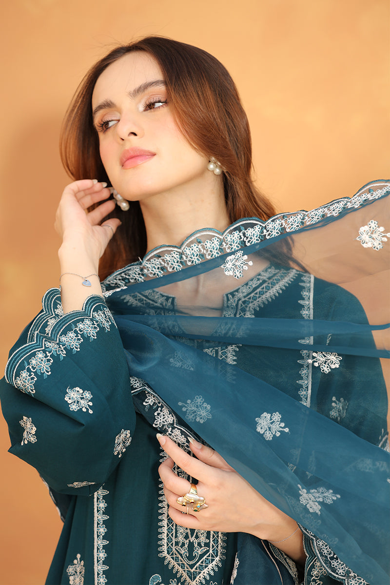 Woman wearing a teal embroidered outfit against a beige background