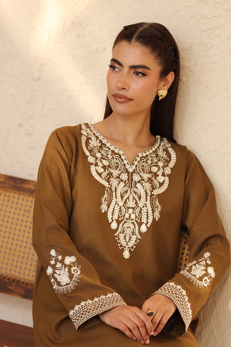 Woman wearing a brown embroidered traditional outfit against a neutral wall.