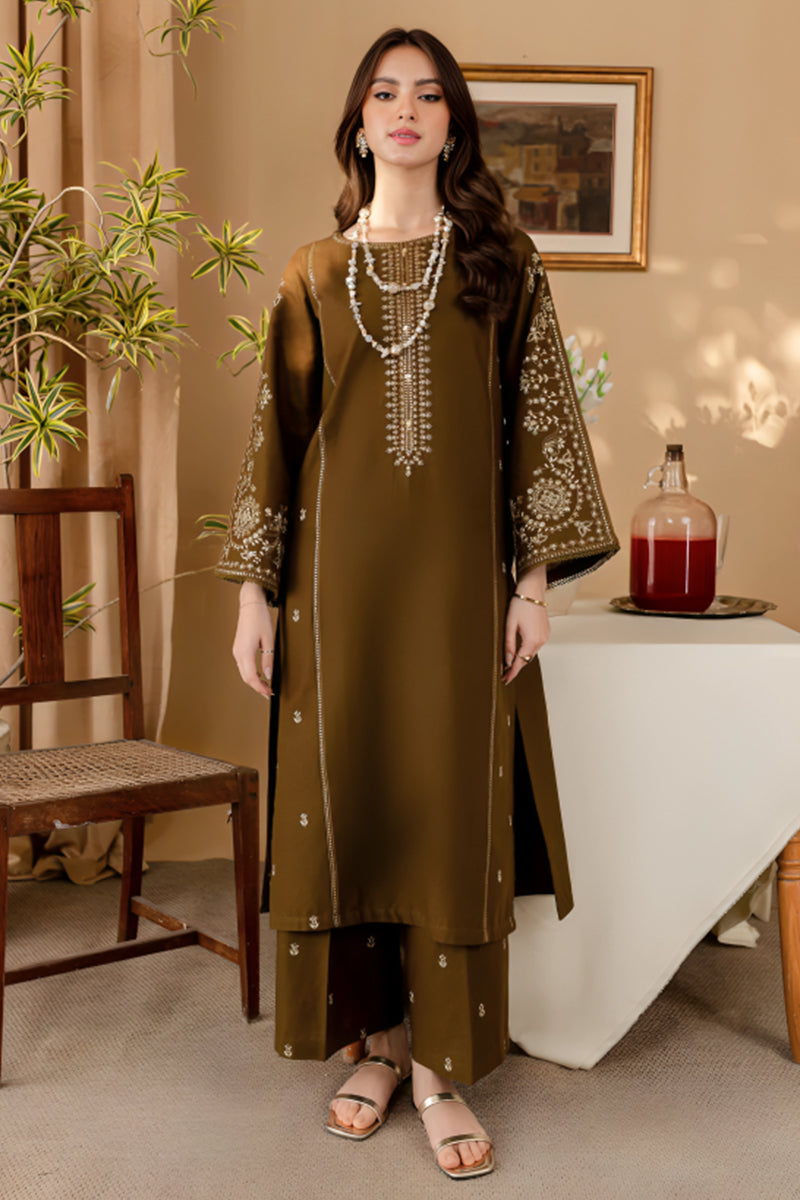 2 Piece Unstitched Embroidered Brown Dhanak Marina Suit-1