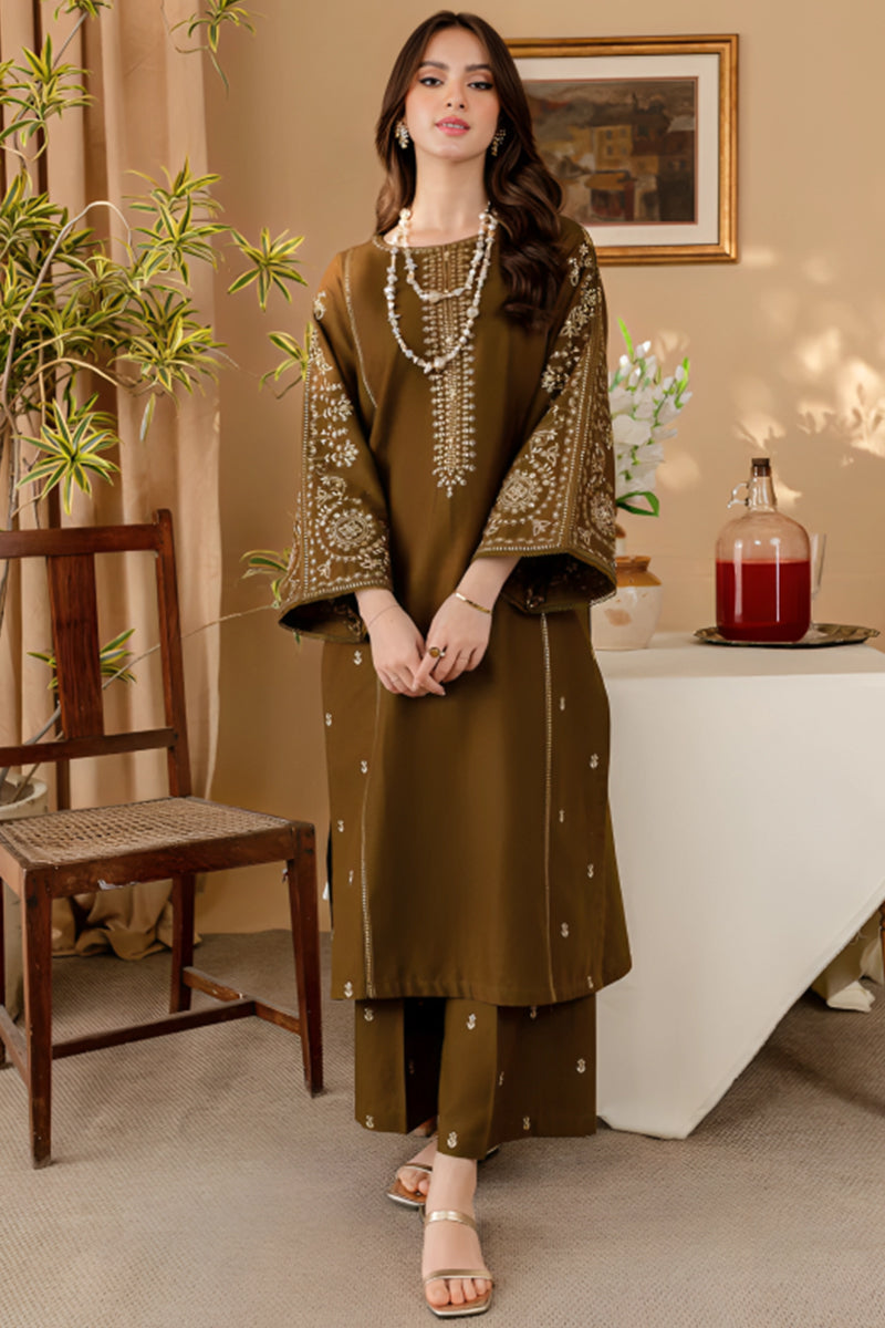 2 Piece Unstitched Embroidered Brown Dhanak Marina Suit-1