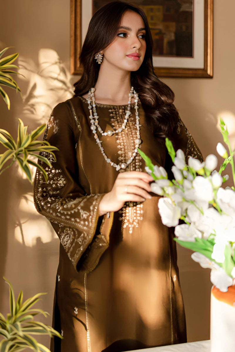 2 Piece Unstitched Embroidered Brown Dhanak Marina Suit-1