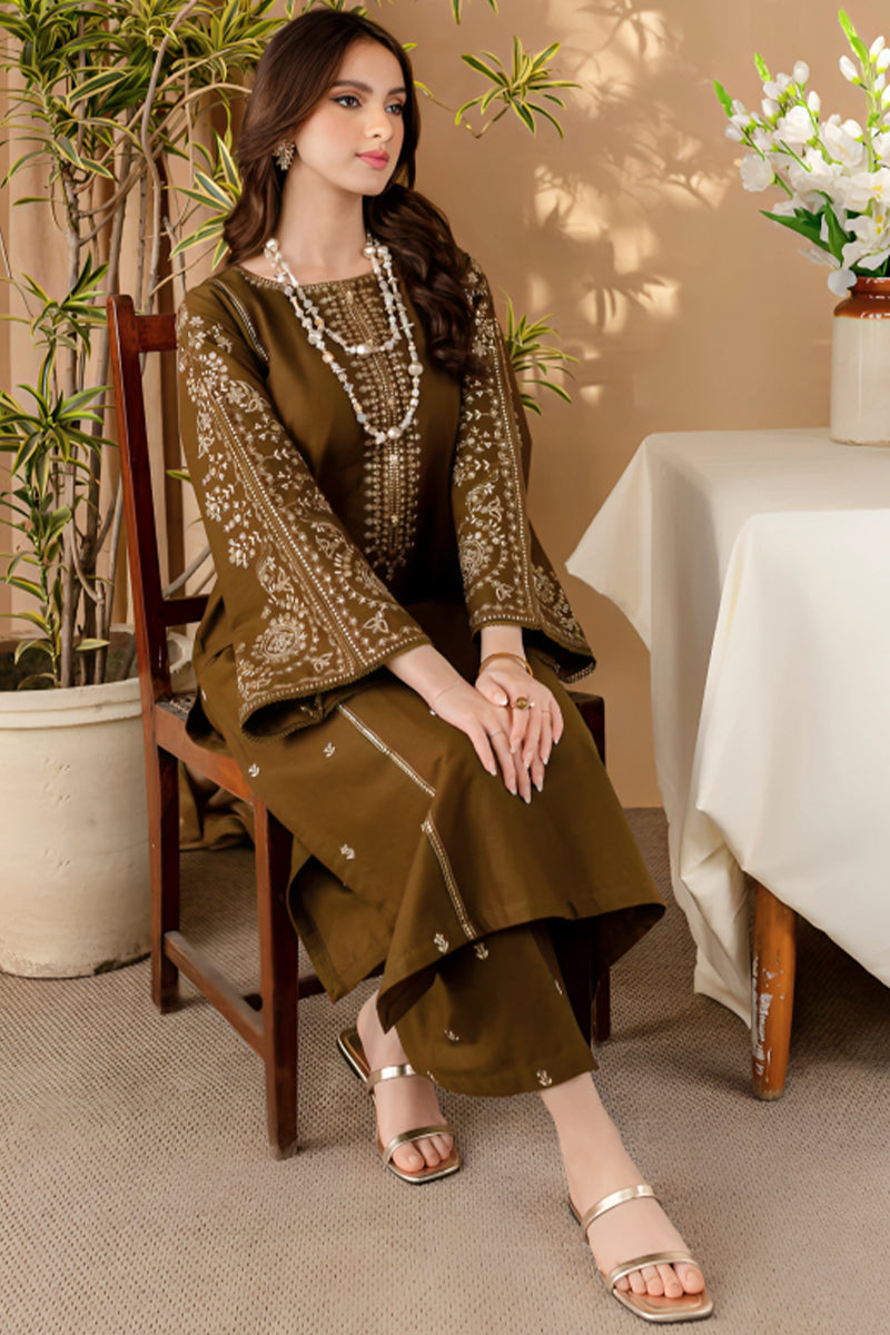 2 Piece Unstitched Embroidered Brown Dhanak Marina Suit-1