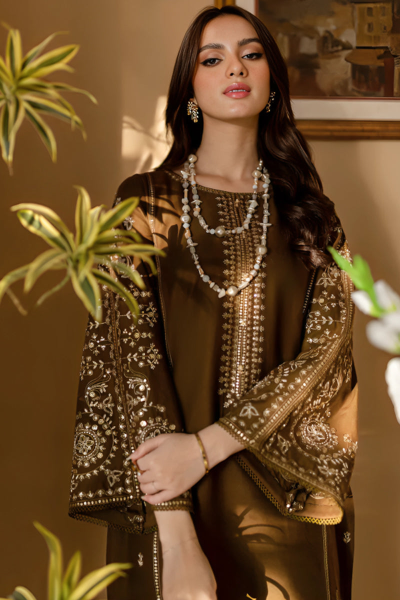 2 Piece Unstitched Embroidered Brown Dhanak Marina Suit-1