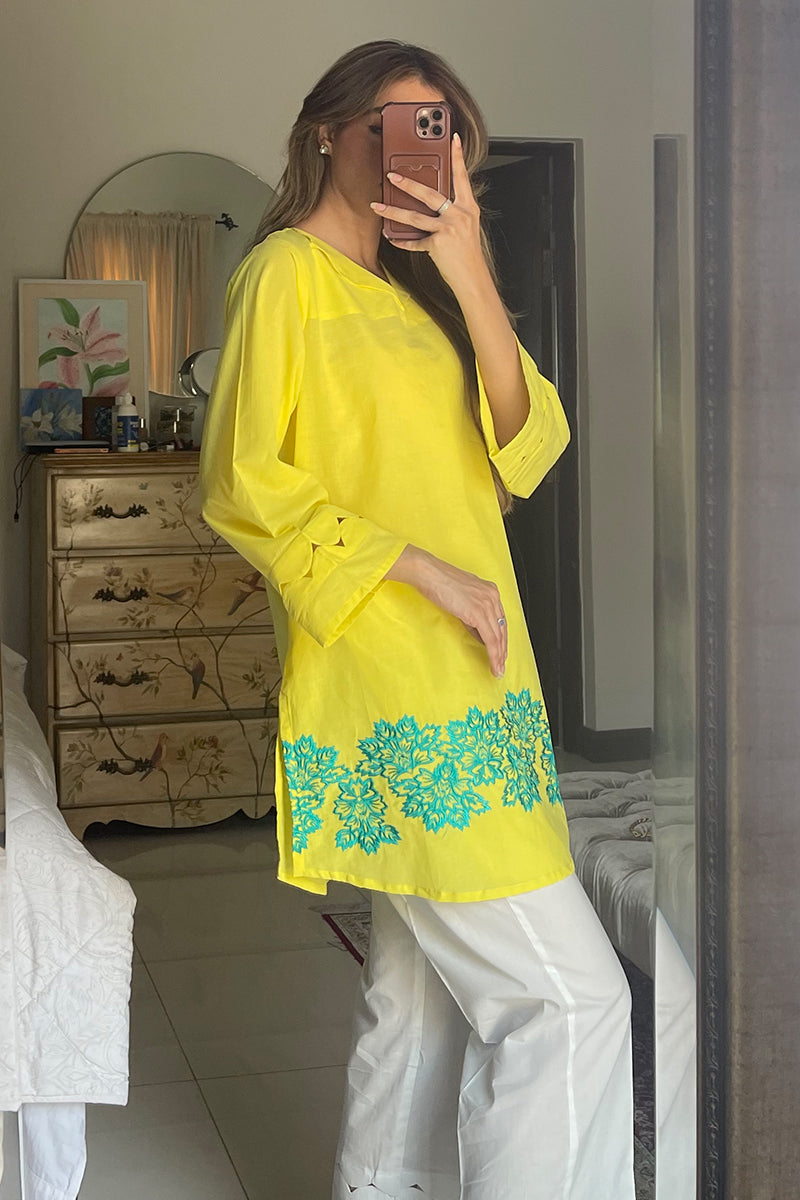 2 Piece - Embroidered Lime Yellow Lawn Suit