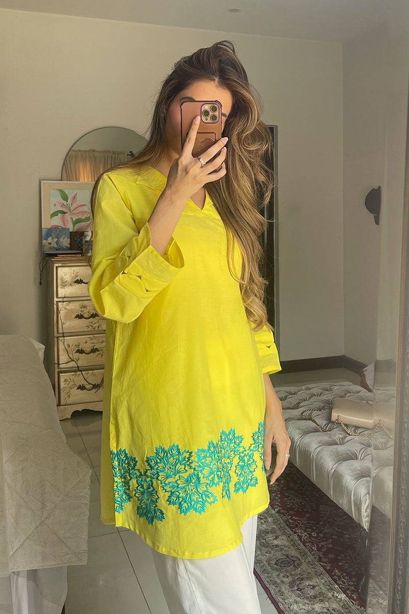 2 Piece - Embroidered Lime Yellow Lawn Suit