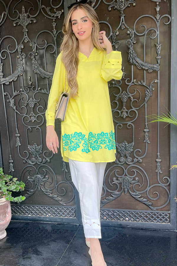 2 Piece - Embroidered Lime Yellow Lawn Suit