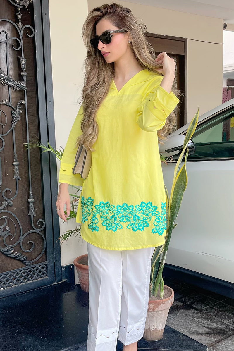 2 Piece - Embroidered Lime Yellow Lawn Suit