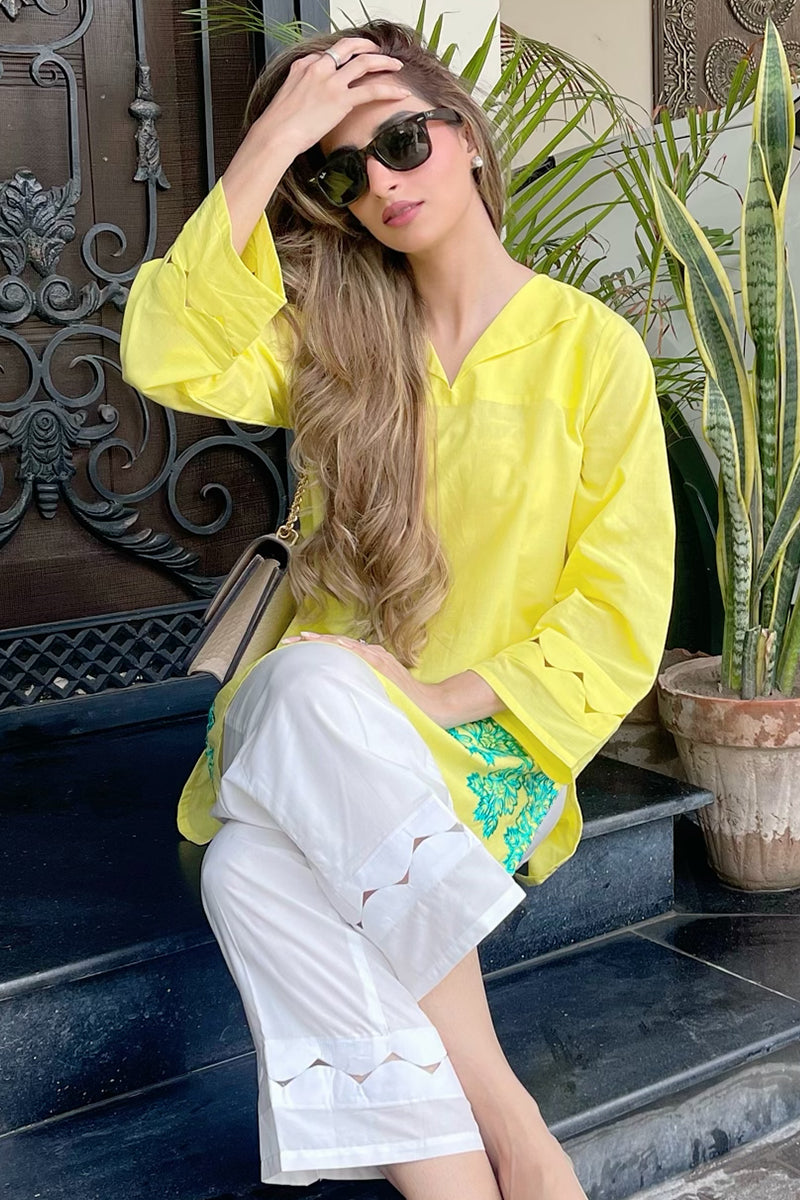 2 Piece - Embroidered Lime Yellow Lawn Suit