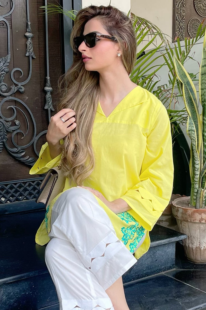 2 Piece - Embroidered Lime Yellow Lawn Suit