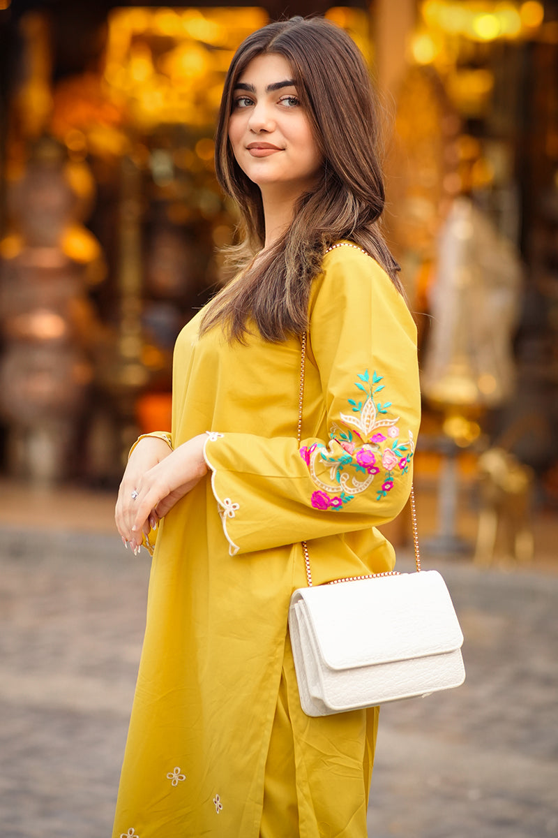 2 Piece - Embroidered Mustard Lawn Suit