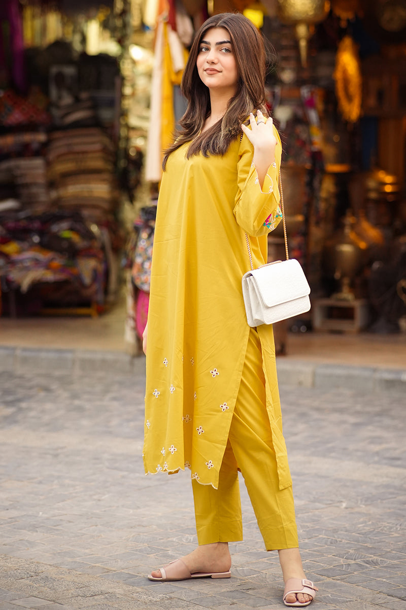 2 Piece - Embroidered Mustard Lawn Suit