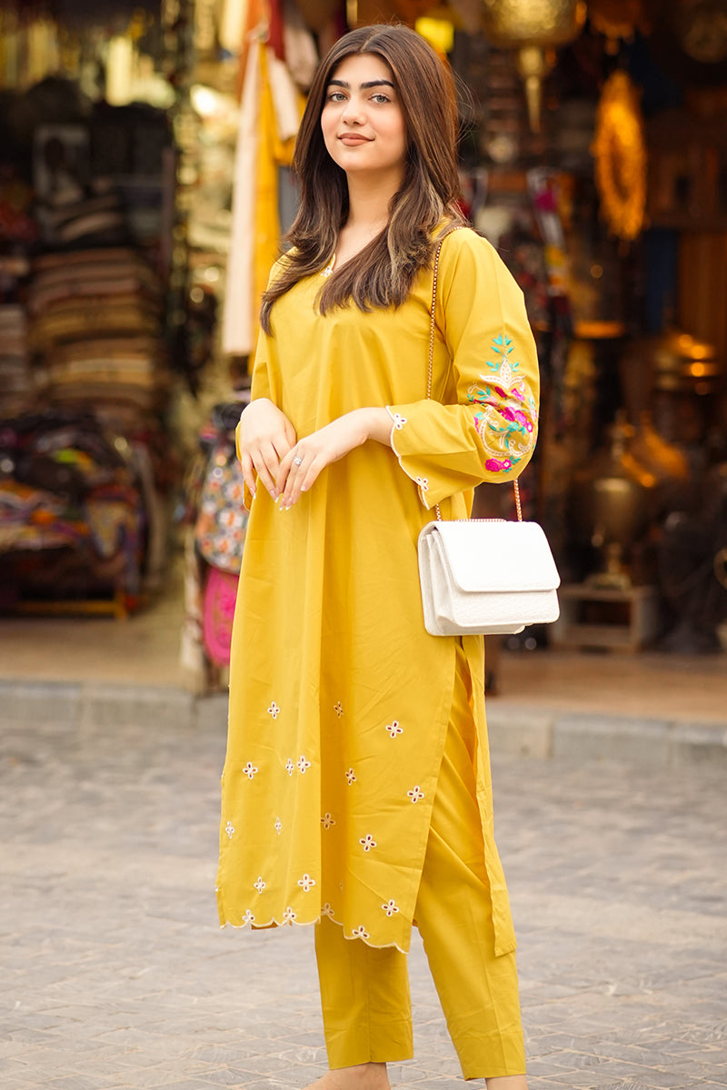 2 Piece - Embroidered Mustard Lawn Suit