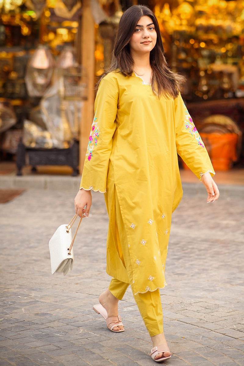 2 Piece - Embroidered Mustard Lawn Suit