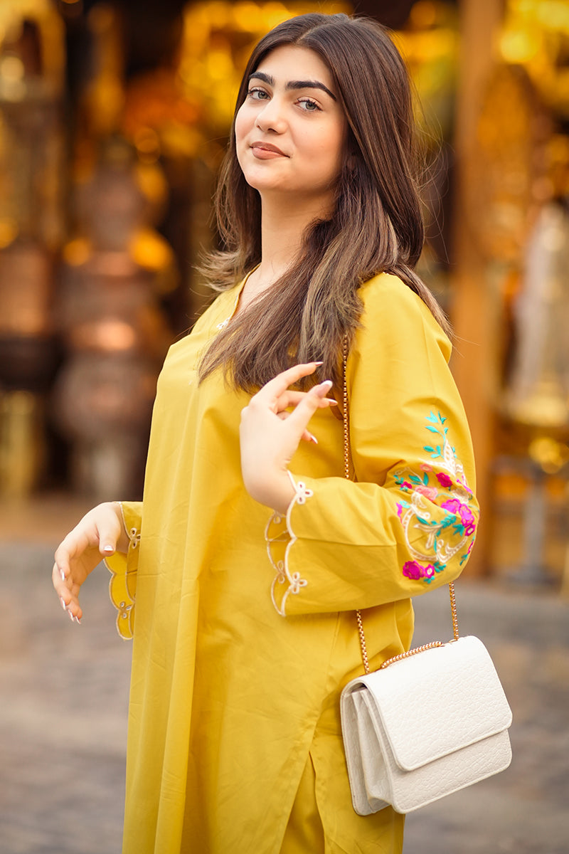 2 Piece - Embroidered Mustard Lawn Suit