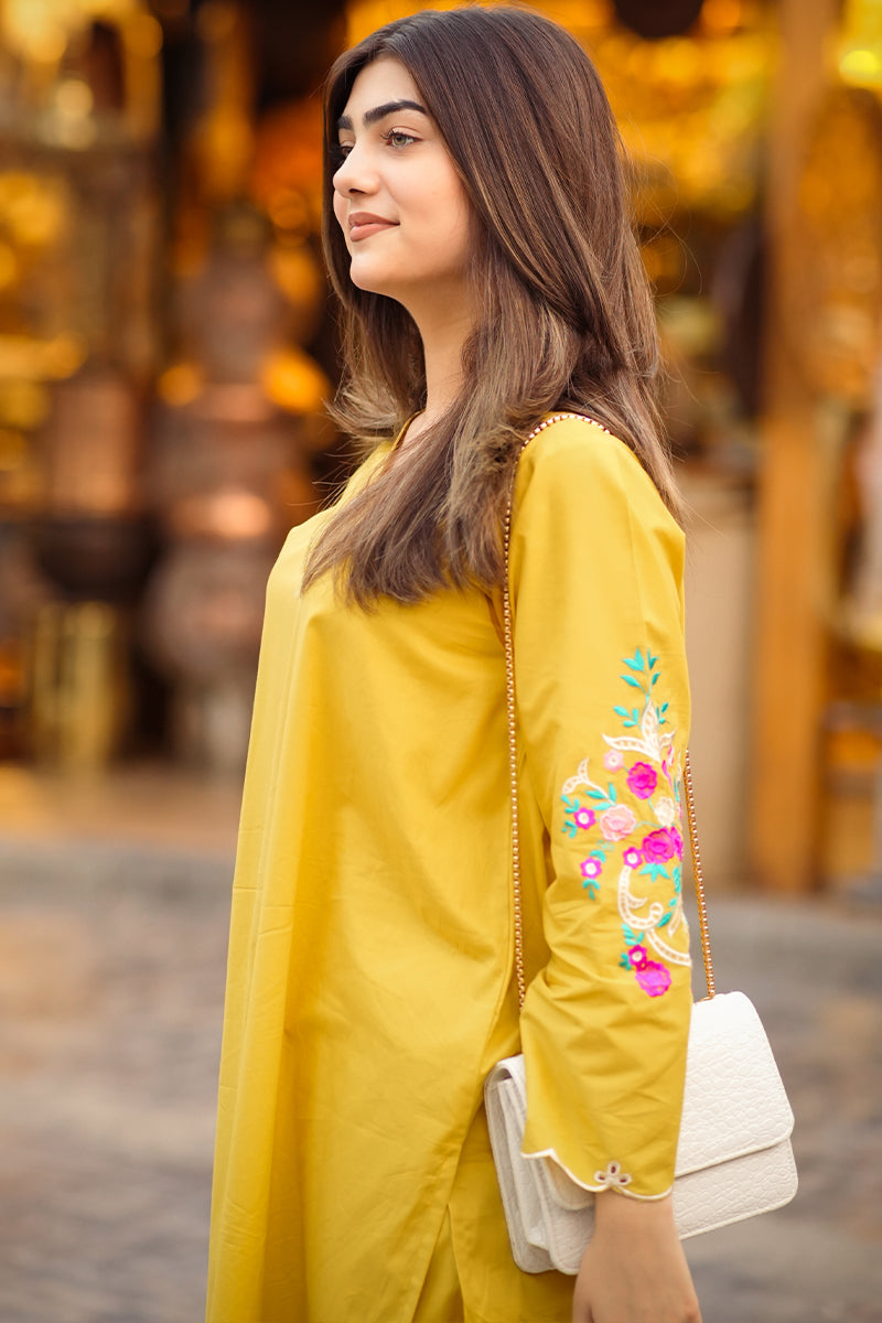 2 Piece - Embroidered Mustard Lawn Suit