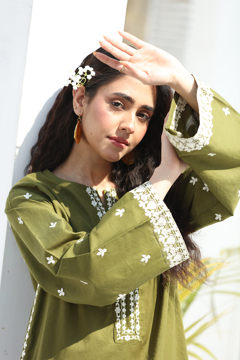 2 Piece - Embroidered Olive Green Lawn Suit