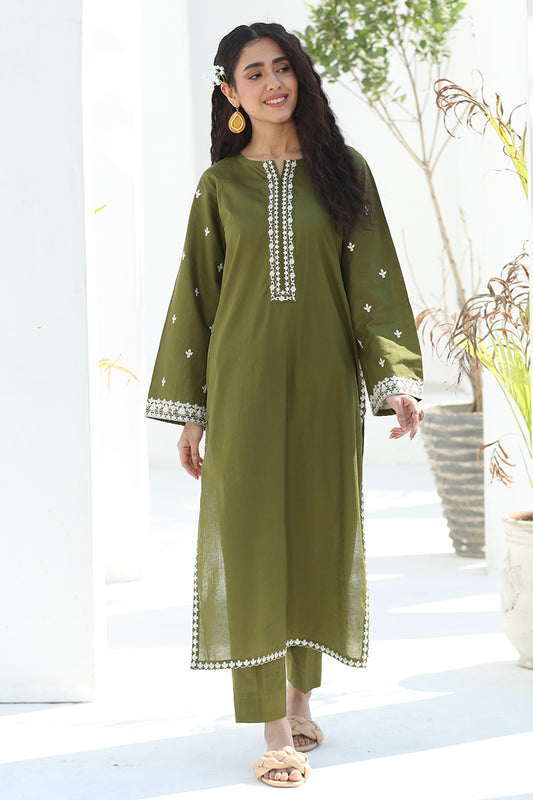 2 Piece - Embroidered Olive Green Lawn Suit