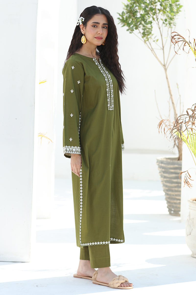 2 Piece - Embroidered Olive Green Lawn Suit