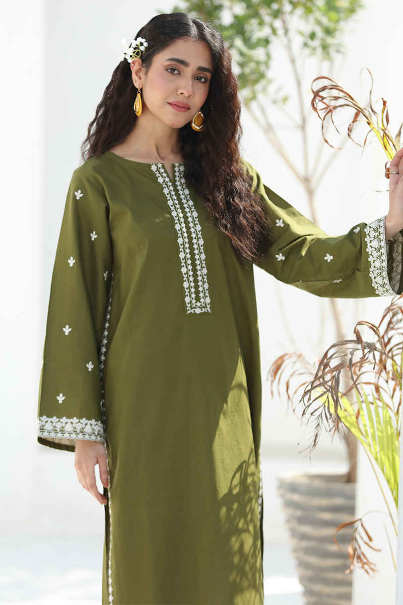 2 Piece - Embroidered Olive Green Lawn Suit
