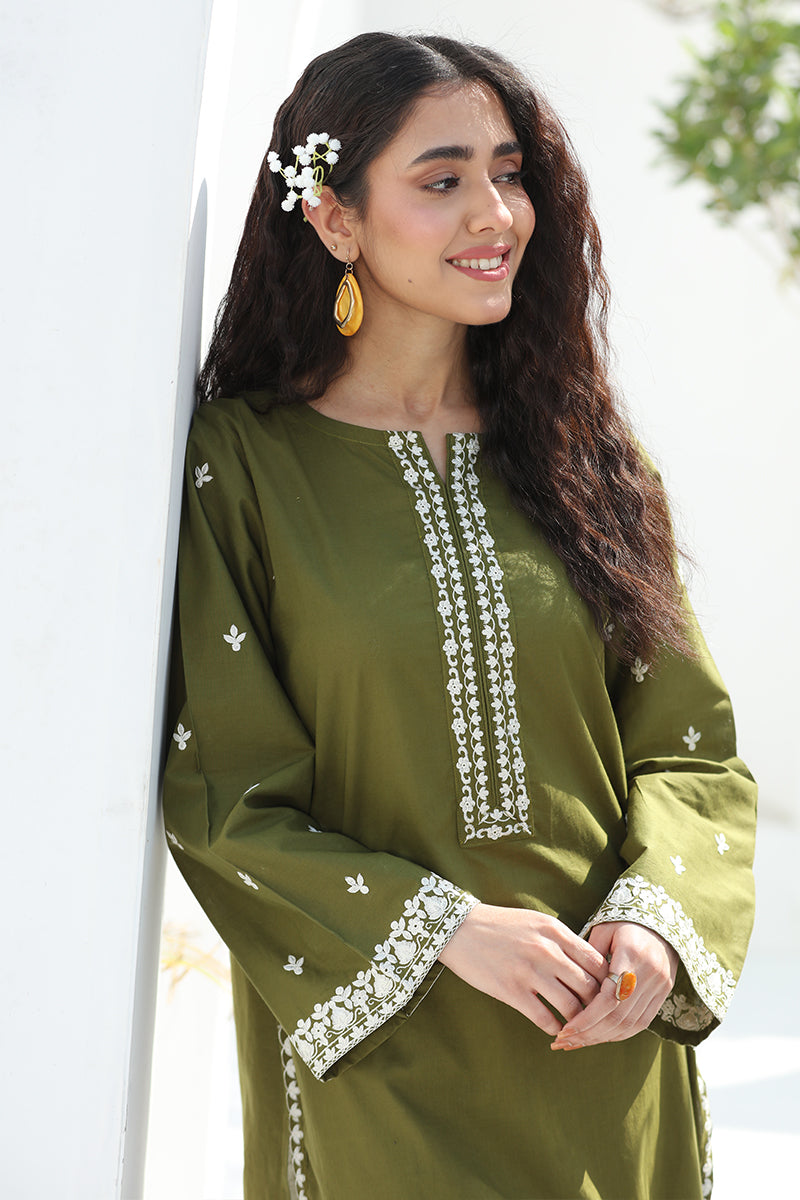 2 Piece - Embroidered Olive Green Lawn Suit