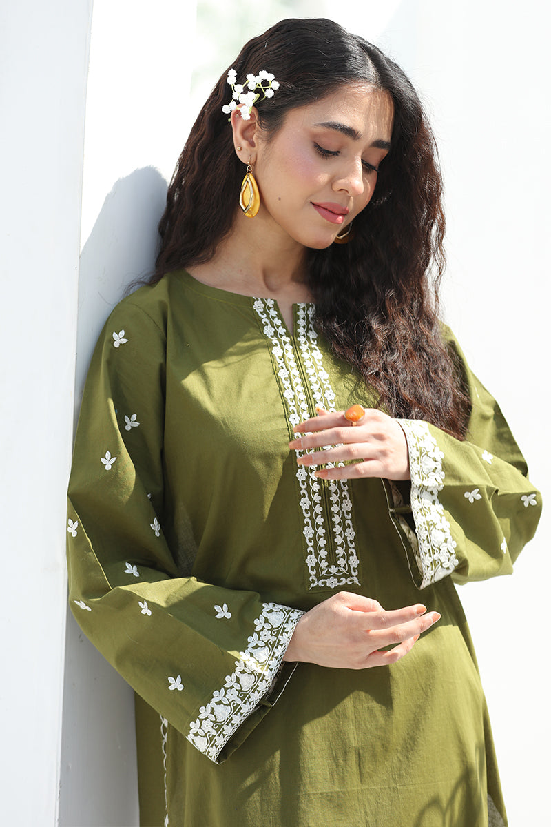 2 Piece - Embroidered Olive Green Lawn Suit