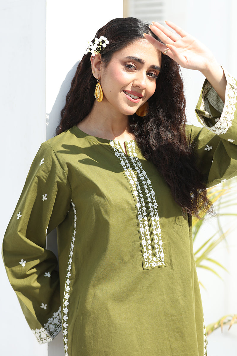 2 Piece - Embroidered Olive Green Lawn Suit