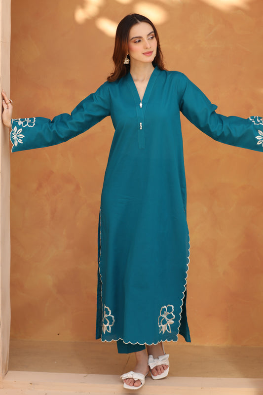 2 Piece - Embroidered Teal Blue Lawn Suit