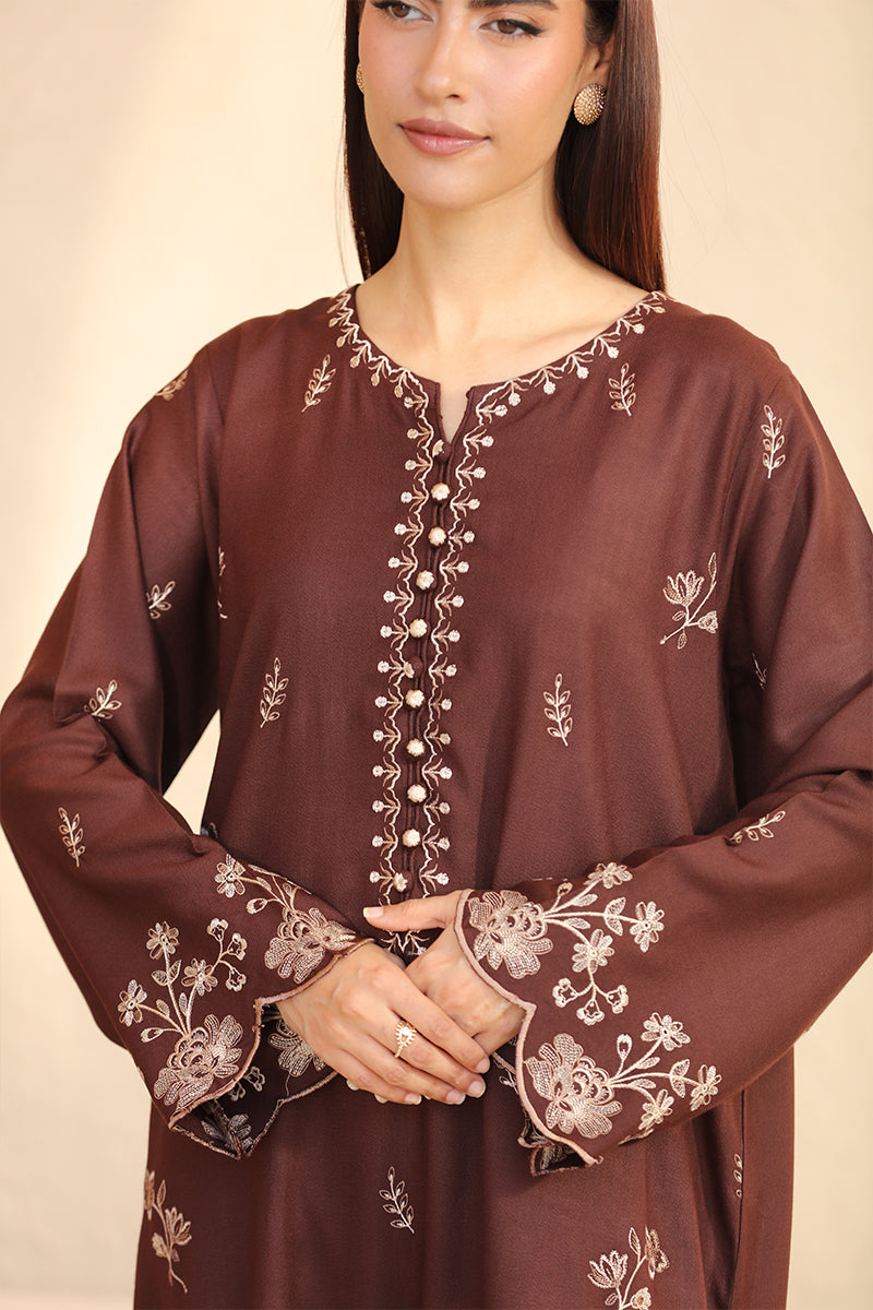 Brown embroidered dress worn by a model on a beige background
