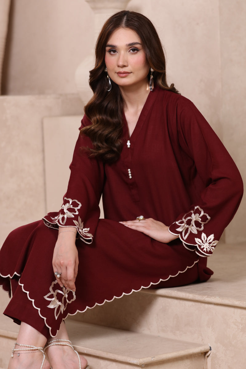 2 Piece Pret Embroidered Burgundy Dhanak Marina Suit