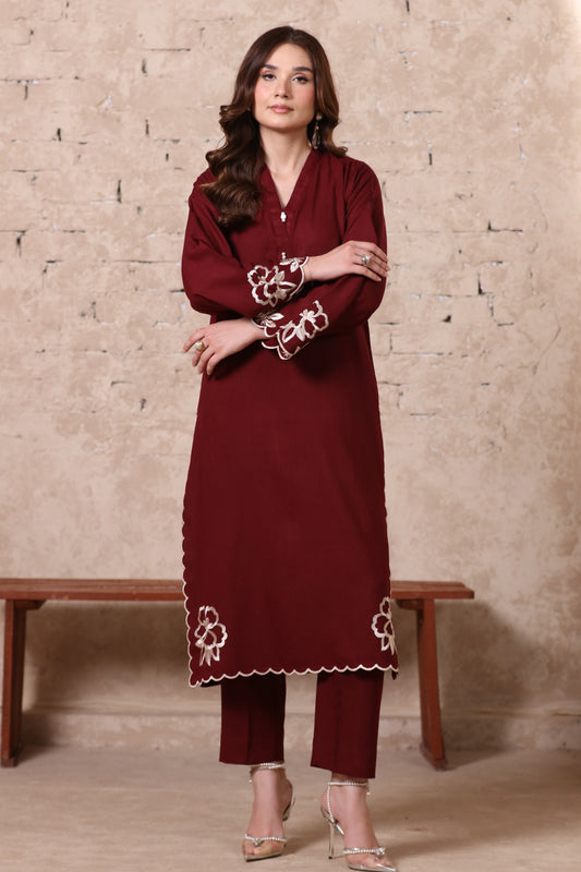 2 Piece Pret Embroidered Burgundy Dhanak Marina Suit
