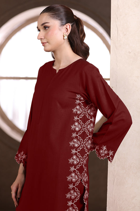 2 Piece Pret Embroidered Cutwork Maroon Dhanak Marina Suit